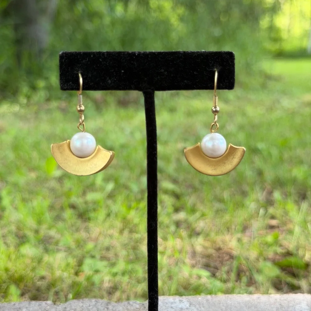 Vintage GIVENCHY Matte Gold Crescent Pearl Drop Earrings Semicircle Dangle Hook
